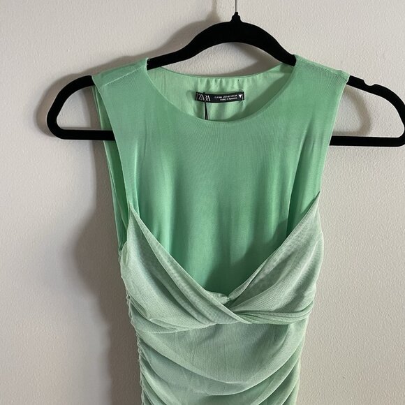 Zara Women XS Green Mesh Tulle Ruched Y2K Crew Neck Sleeveless Mini Dress - Picture 7 of 12